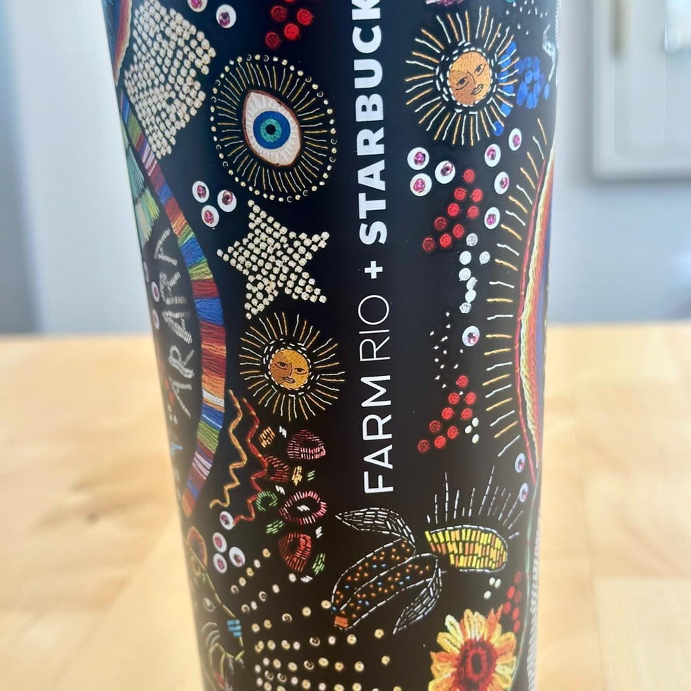 Farm Rio x Starbucks Colorful Black Embroidered Sun Palm Tree Borogodo Tumbler